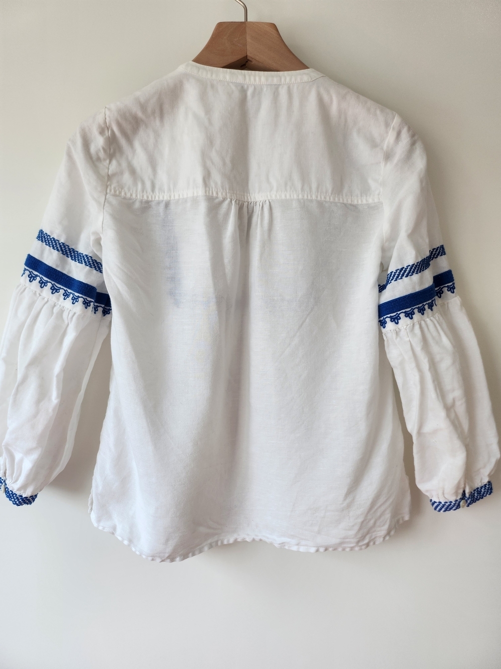 J. Crew White Linen Peasant Blouse with Blue Embroidery - Picture 6 of 7